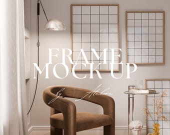 May include: An interior scene with a brown velvet armchair, a small chrome side table, and framed grid art. The text "FRAME MOCK UP" is displayed. A decorative lamp and a bust sculpture are also visible in the room.