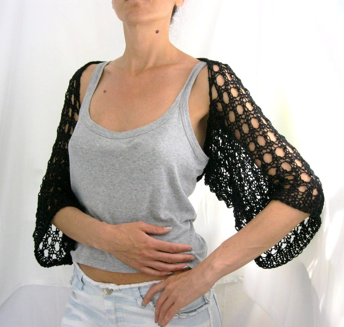 BLACK COTTON SHRUG.Elegant Hand Knitted Summer Shrug Etsy