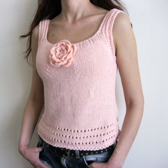 Pale PinkHand Knitted Summer Top with a Flower Brooch | Etsy