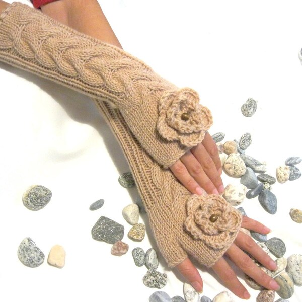 BEIGE LONG Fingerless Gloves with a flower