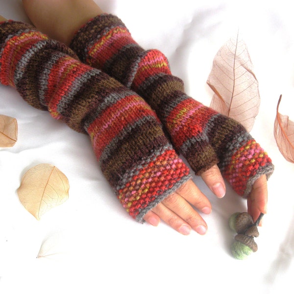 LONG Fingerless Gloves, Multicolored, Merino Wool Mittens, Women Arm Warmers , Hand Knitted, Eco Friendly