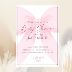 Baby Shower Invite Template for a Baby Girl, Customizable Instant Download, Elegant Pink Bow