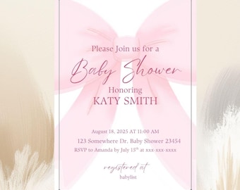 Plantilla de invitación para baby shower de niña, personalizable, descarga instantánea, elegante lazo rosa.