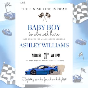 Personalisierte Rennauto-Babypartyeinladung, bearbeitbare Jungen-Babyparty einladen, blaues Rennauto, laufende Babyparty