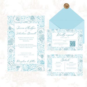 Seashell Wedding Invitation, RSVP, & Details Card | Coastal Beach Wedding | Ocean-Inspired Invite | Digital Download Customizable Invitation