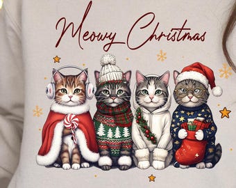 ニャーニャークリスマスキャッツPNG：ホリデーセーター子猫昇華デザイン