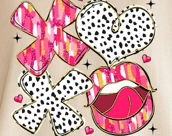 May include: Beige t-shirt featuring a graphic design with the letters "XOXO", a heart, and lips. The design incorporates pink, white, and black colors with gold accents. Small pink hearts and stars are also included in the design.