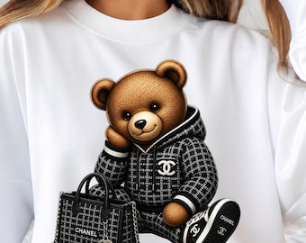 Luxury Teddy Bear PNG, Trendy Luxury Streetwear Fashion Design, gift, Designer Monogram, Urban Graffiti
