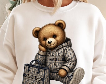 Luxury Teddy Bear PNG, Trendy Luxury Streetwear Fashion Design, gift, Designer Monogram, Urban Graffiti