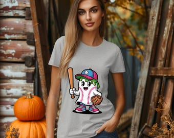 May include: A light gray t-shirt featuring a cartoon baseball character holding a bat and wearing a baseball cap. The character is designed with a baseball as the body, a glove, and pink and blue shoes. The shirt is worn by a person.