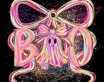 Könnte beinhalten: Ein farbenfrohes Halloween-Motiv auf schwarzem Hintergrund. Das Wort "BOO" ist in großen, regenbogenfarbenen Buchstaben mit goldenem Glitzer-Umriss geschrieben. Ein niedliches Gespenst mit Schleife befindet sich in der Mitte, und eine große Schleife befindet sich oben. Spinnweben und Fledermäuse sind ebenfalls vorhanden.