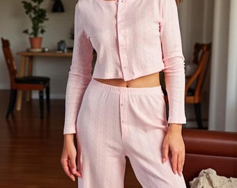 Komplet piżamowy z miękkimi guzikami, długi rękaw, odzież domowa