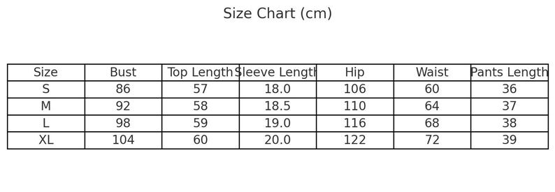 Pode incluir: Uma tabela de tamanhos com medidas em cent&iacute;metros. A tabela inclui os tamanhos S, M, L e XL, detalhando as medidas de busto, comprimento da parte superior, comprimento da manga, quadril, cintura e comprimento da cal&ccedil;a para cada tamanho. O texto "Size Chart (cm)" est&aacute; no topo.