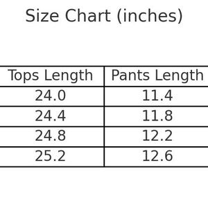 May include: A size chart in a table format, with measurements in inches. The chart includes sizes S, M, L, and XL, detailing bust, top length, pants length, hip, and pants waist measurements for each size. The text "Size Chart (inches)" is at the top.