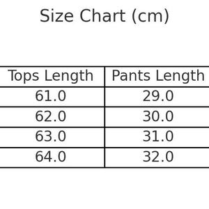 May include: A size chart in a table format, with measurements in centimeters. The chart includes sizes S, M, L, and XL, with corresponding bust, top length, pants length, hip, and pants waist measurements. The text "Size Chart (cm)" is at the top.