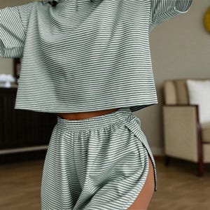 Striped Pajama Set, Short Sleeve Top and Elastic Shorts