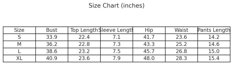 Pode incluir: Uma tabela de tamanhos em polegadas, com medidas de busto, comprimento da parte de cima, comprimento da manga, quadril, cintura e comprimento da cal&ccedil;a. Os tamanhos variam de S a XL, com as medidas correspondentes em polegadas.