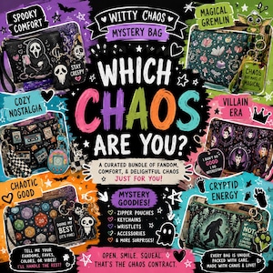 Puede incluir: Imagen promocional de una "Witty Chaos Mystery Bag" con bolsas con cremallera temáticas, llaveros y accesorios. El texto incluye "Which Chaos Are You?" y "Mystery Goodies!" La imagen tiene una estética divertida y espeluznante.