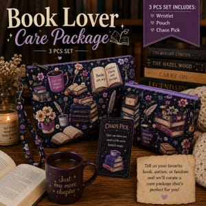 May include: A 3-piece book lover care package set featuring a wristlet, a pouch, and a chaos pick card. The fabric items are dark purple with a floral and book-themed print. A purple mug with the text Just one more chapter is included.