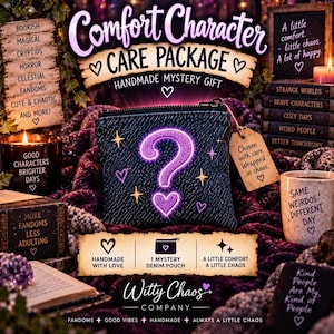 May include: A dark blue denim pouch featuring a central purple embroidered question mark and heart, surrounded by small yellow and purple stars. A brown paper tag attached to the zipper reads, Chosen with care. Wrapped in chaos. The pouch is surrounded by various items including books, candles, and mugs with text.