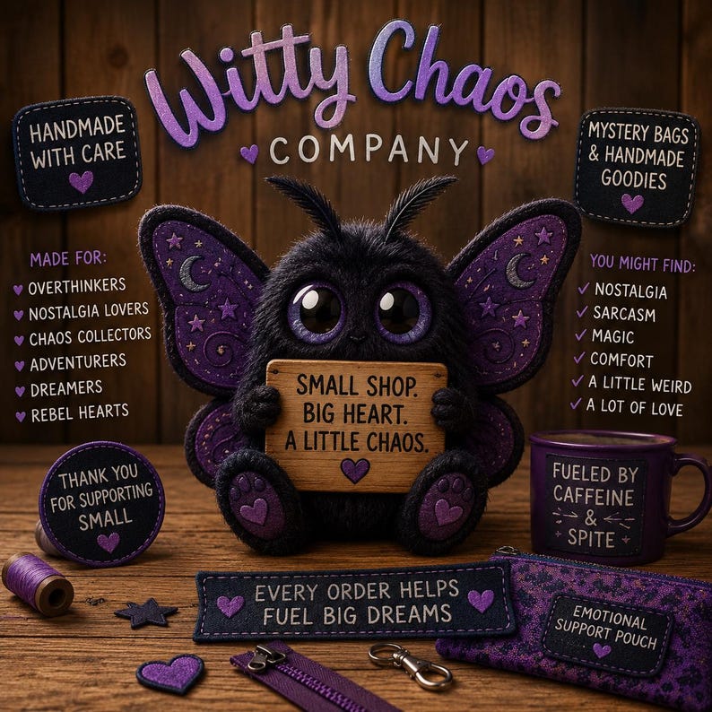 May include: A fuzzy black creature with purple butterfly wings holds a wooden sign reading SMALL SHOP. BIG HEART. A LITTLE CHAOS. Surrounding items include a purple mug labeled FUELED BY CAFFEINE & SPITE, a pouch, and various labels with text.