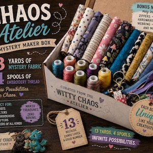 Chaos Atelier Mystery Maker Box | 13 Yards Mystery Fabric + 4 Embroidery Thread Spools | Novelty Fabric Destash | Sewing Craft Box