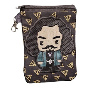 May include: Black zippered pouch with an embroidered cartoon character and gold triangle pattern. The character has long dark hair, a mustache, and is wearing a teal and black outfit. A silver clasp is attached to the side.