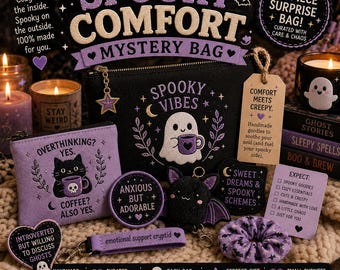 May include: A 6-piece mystery bag set featuring a black zippered pouch with a ghost graphic and text reading Spooky Vibes. Includes a purple pouch with a cat graphic, a round patch, a bat keychain, a scrunchie, and a tag reading Comfort Meets Creepy.