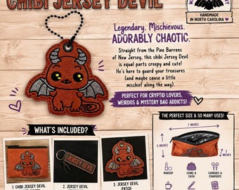 Saszetka z zamkiem błyskawicznym Chibi Jersey Devil | Uroczy woreczek z motywem kryptydy | Ręcznie robiony prezent kryptozoologiczny | Akcesorium dla miłośnika kryptydy | Prezent z motywem diabła Jersey