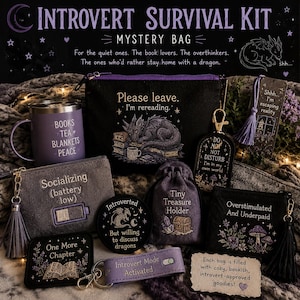 May include: An introvert survival kit mystery bag set featuring a purple mug, several embroidered pouches, keychains, and patches with text like 'Please leave. I'm rereading.', 'Socializing (battery low)', 'Tiny Treasure Holder', and 'Overstimulated And Underpaid'.