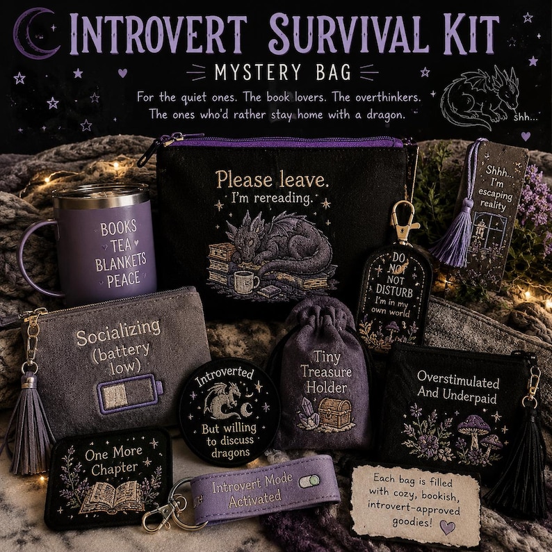 May include: An introvert survival kit mystery bag set featuring a purple mug, several embroidered pouches, keychains, and patches with text like 'Please leave. I'm rereading.', 'Socializing (battery low)', 'Tiny Treasure Holder', and 'Overstimulated And Underpaid'.