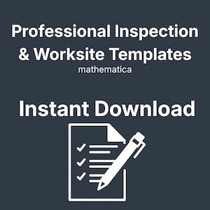 Könnte beinhalten: Dunkelblaue Grafik mit weißem Text, der "Professional Inspection & Worksite Templates" und "Instant Download" lautet. Unter dem Text befindet sich ein Kontrollkästchen- und Stift-Symbol.