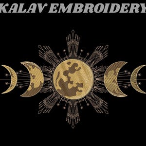 Puede incluir: Fondo negro con bordado dorado de un sol y tres lunas crecientes. El sol está en el centro, rodeado de rayos. El texto "KALAV EMBROIDERY" está en la parte superior.