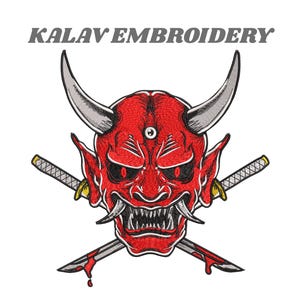 Oni-maskbroderidesign, japansk demon, samurajtatuering (digital fil)