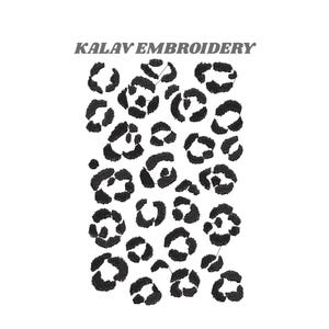 May include: Black and white embroidered leopard print design. The design features numerous black leopard spots on a white background. The text "KALAV EMBROIDERY" is above the design.