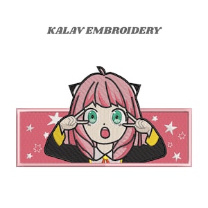 May include: Embroidered patch featuring a cartoon character with pink hair, green eyes, and a surprised expression. The character is framed by a pink rectangle with white stars. The text "KALAV EMBROIDERY" is above the character.