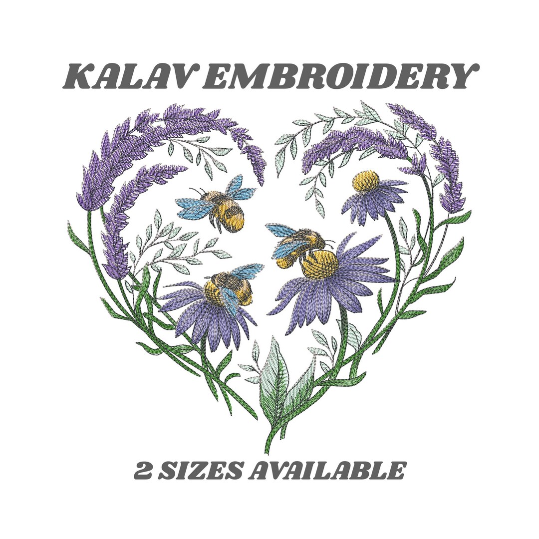 Heart Floral Bee Embroidery Design - Lavender Coneflower Machine ...