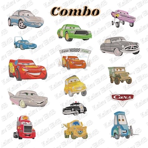 Może przedstawiać: Kolekcja haftowanych wzorów samochodów, w tym niebieski samochód sportowy, zielony samochód wyścigowy, czerwony samochód wyścigowy i żółta taksówka. Słowo "Combo" jest napisane nad samochodami. Wzory są prawdopodobnie przeznaczone do projektów haftu.