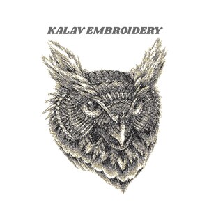 May include: Detailed pen and ink illustration of an owl's face, featuring intricate feather details in shades of gray and tan. The text "KALAV EMBROIDERY" is above the owl. The artwork is set against a clean white background.