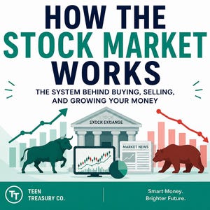 May include: An educational graphic titled HOW THE STOCK MARKET WORKS THE SYSTEM BEHIND BUYING, SELLING, AND GROWING YOUR MONEY. It features a green bull, a brown bear, a stock exchange building, a computer monitor with charts, and a newspaper.