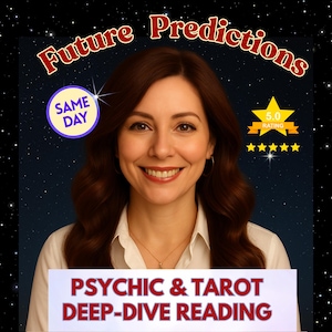 May include: A woman with brown hair smiles in front of a starry background. Text at the top reads "Future Predictions." A banner at the bottom says "Psychic & Tarot Deep-Dive Reading." A "Same Day" badge and a 5-star rating are also visible.