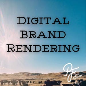 May include: Image with the text "DIGITAL BRAND RENDERING" against a blue sky background. A landscape of rolling hills and cattle grazing in the foreground. A logo with the initials "PF" is in the lower right corner.