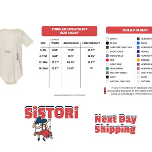 The image is a toddler sweatshirt size chart, which includes measurements in inches for different sizes. The chart provides a visual representation of the size and length of the sweatshirt for various age groups.
