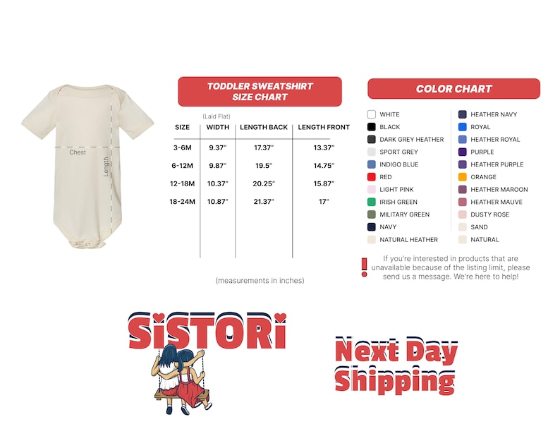 The image is a toddler sweatshirt size chart, which includes measurements in inches for different sizes. The chart provides a visual representation of the size and length of the sweatshirt for various age groups.