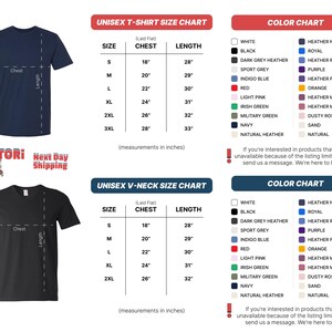 The image is a color chart and a t-shirt size chart for a navy blue t-shirt. The chart provides measurements in inches for different sizes and colors, including a black and white t-shirt, a navy blue t-shirt, and a navy blue t-shirt with a different color.