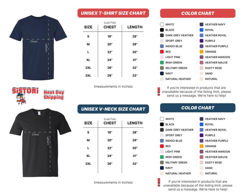 The image is a color chart and a t-shirt size chart for a navy blue t-shirt. The chart provides measurements in inches for different sizes and colors, including a black and white t-shirt, a navy blue t-shirt, and a navy blue t-shirt with a different color.