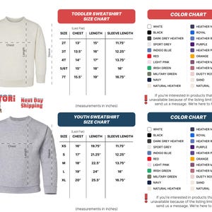 a toddler sweatshirt size chart and a youth sweatshirt size chart, both with color charts indicating the available color options for each size. The charts provide measurements in inches, and there is a message at the bottom indicating that the color chart is not available because of the listing limit.