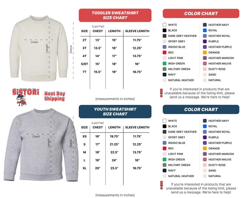 a toddler sweatshirt size chart and a youth sweatshirt size chart, both with color charts indicating the available color options for each size. The charts provide measurements in inches, and there is a message at the bottom indicating that the color chart is not available because of the listing limit.