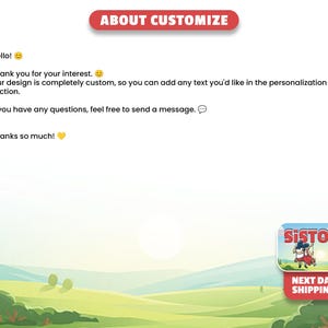 The image is a screenshot of a personalized email with a landscape background. The email contains a message expressing gratitude for the reader's interest in the custom design, and it encourages them to add text to the customization section. The email also mentions that the sender is available to answer any questions.