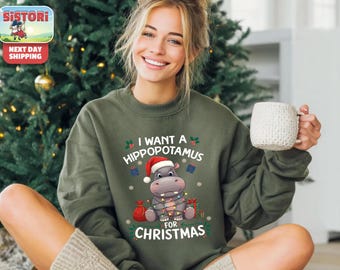 Felpa natalizia, maglietta "Voglio un ippopotamo per Natale", regalo per Natale, maglietta con ippopotamo, maglietta natalizia con ippopotamo